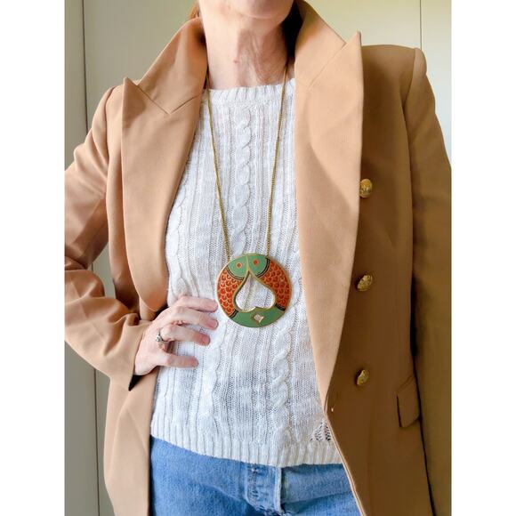 Vintage Brass Fish Pendant Necklace Made in India Rust Green Gold Statement - Picture 3 of 6